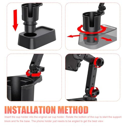 Car Cup Holder Mobile Phone Rack, Multi-Function 2 in 1 Cup Holder Expander, 360 Degrees Rotatable Automotive Phones Mount, Universal for Most Cars, Trucks, SUVs (Black)