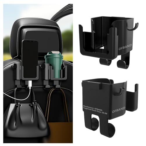 OFBAND 2PCS Multifunctional Car Cup Holder + Car Phone Holder + Car Purse Hook,Hanging Back Seat Car Organizer with Headrest Hooks,Universal Car Organizer Car Accessories Interior