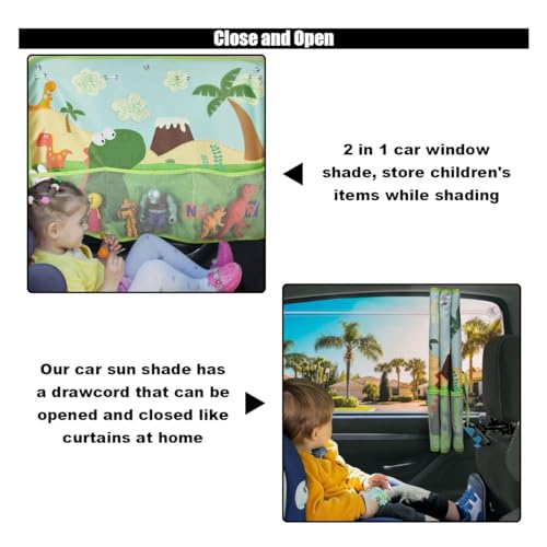 Car Window Shade for Baby, Blackout Car Window Curtain with Storage Pockets & 7 Suction Cups, Cartoon Pattern Cars Side Window Sun Shade Cover for Sun/Heat/UV Rays Protection (Green-Dinosaurs) - color: Green-Dinosaurs