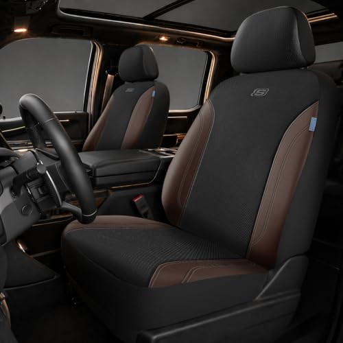 Skechers Work Seat Covers, Leather Car Seat Covers 5-Times Stronger Built-in Webbing, Oxford Fabric Front Seat Cover, Airbag Compatible, Automotive Comfort for Cars, Trucks, SUVs,Brown - color: Black and Brown, size: Two Front
