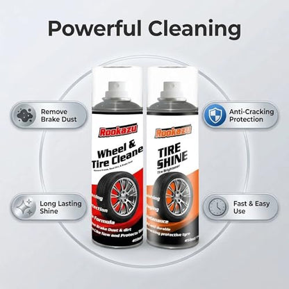 Wheel & Tire Cleaning Kit - 2 Pack (14 oz Bottles) | All-in-One Cleaner for Brake Dust & Grime | Restores Tire Shine | Includes Wheel Cleaner, Tire Shine, Brush & Towel
