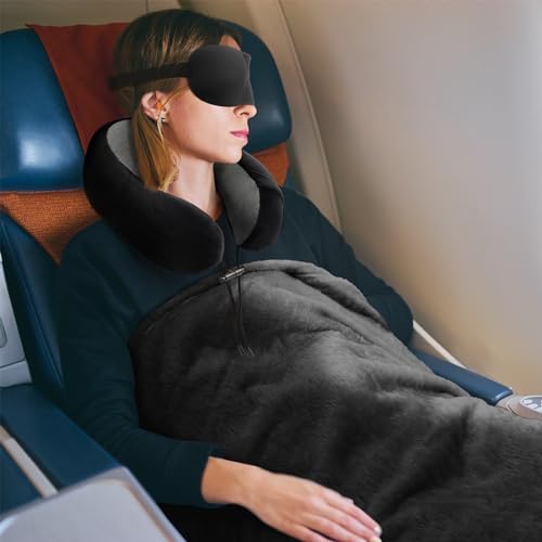 urnexttour Travel Pillow and Blanket Set Neck Pillows Travel Essentials with Sleep Mask for Airplane Car Memory Foam Black - color: A-black