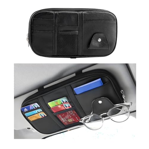 Car Sun Visor Organizer, Multi-Pocket Visor Storage Pouch Sunglasses Holder with Net Zippers, PU Leather Sunvisor Storage Bag with Elastic Band for Driving License Card Pen (Black) - color: Black