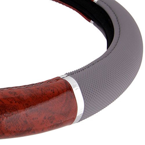 BDK Dark Wood Grain Car Steering Wheel Cover, Standard 15 inch with Gray Faux Leather Grip, Made to Fit Most Auto Truck Van SUV - color: #10 Gray / Dark Wood, size: Fits 14.5 - 15" Sw