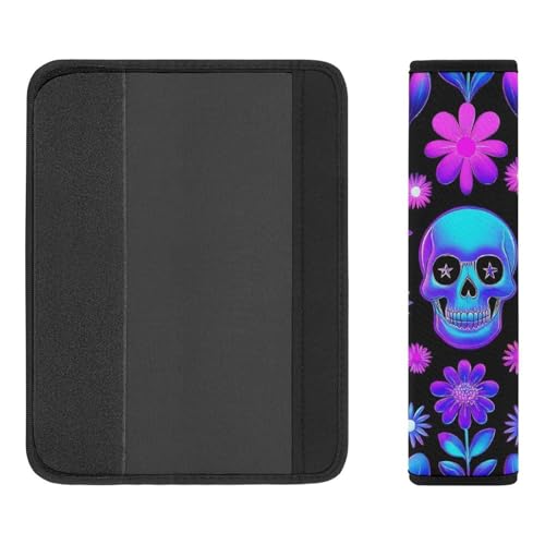 Men's Car Belt Covers 2PCS Fashion Cushion Pad Car Shoulder Strap Harness Pad Neon Purple Flowers Floral Skull - color: Color849