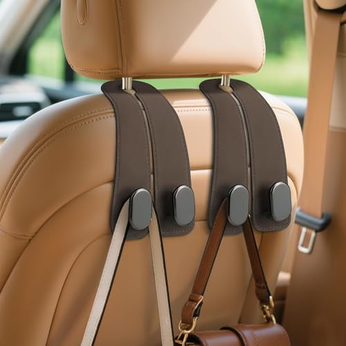Car Seat Headrest Hooks - 2 Pack Universal Car Purse Hook, Leather Car Bag Purse Holder with Double Metal Hooks for Handbags, Grocery Bags, Bottles, Phones - color: Brown