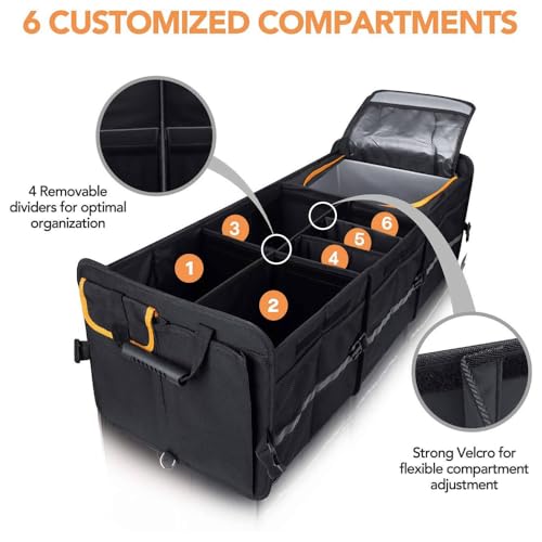 Extra Large Car Trunk Organizer with Insulated Leakproof Cooler, Heavy Duty 2mm PE Board, Adjustable Compartments with 4 Removable Dividers, 2 Securing Straps, Foldable SUV & Truck Storage Organizer