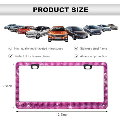 DXNQ Bling License Plate Frame, Sparkly Rhinestone Diamond License Plate Cover with Crystal Screws Caps, Glitter Crystal Stainless Steel License Plate Holder for Women, Car Accessories (Pink) - color: Pink