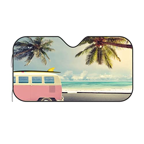 Beach Car Windshield Sunshade Foldable Sun Visor Front Window Sun Shade Cover For Car Truck Suv 55x29.9 Inches - color: Beach Car