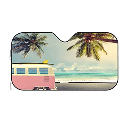 Beach Car Windshield Sunshade Foldable Sun Visor Front Window Sun Shade Cover For Car Truck Suv 55x29.9 Inches - color: Beach Car