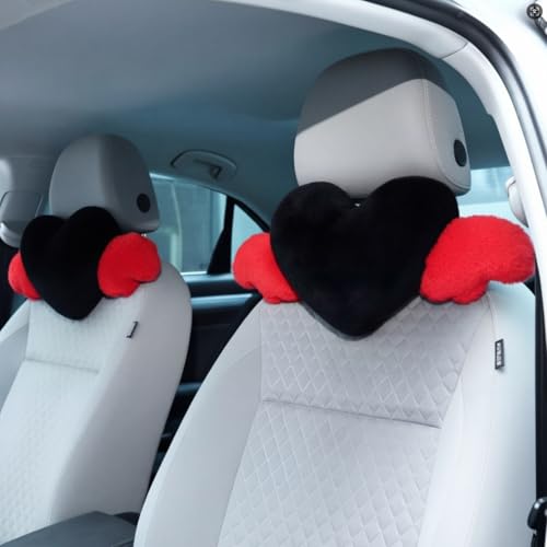 Macarrie 2 Pcs Plush Heart Shaped Pillow with Angel Wings Car Headrest Soft Comfortable Seat Pillow for Driving Travelling Room Office Car Decor, 19.7 x 8.3 Inch(Black, Red) - color: Black, Red