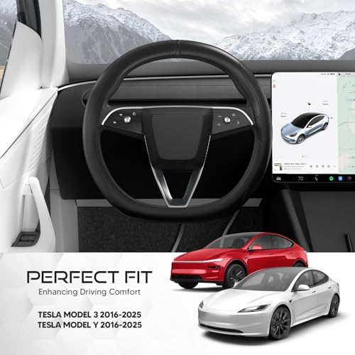 Ultra-Thin Nappa Leather Steering Wheel Cover for Tesla Model 3/Y 2016-2025, Non-Slip Textured Breathable Tesla Model 3/Y Steering Wheel Protector - color: Black