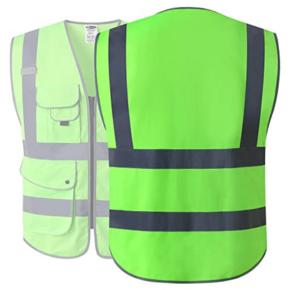 JKSafety 9 Pockets Class 2 High Visibility Zipper Front Safety Vest With Reflective Strips, Meets ANSI/ISEA Standards (Medium, 150-Green) - color: Green, size: Medium