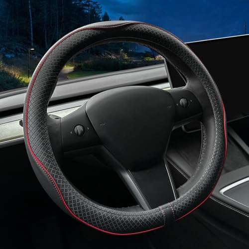 LKWLIKEI Nappa Leather Ultra-Thin Steering Wheel Cover, for Tesla Model 3/Y Steering Wheel Cover, Non-Slip Design and Interior Modification of car Accessories （Black and Red） - color: Black and Red