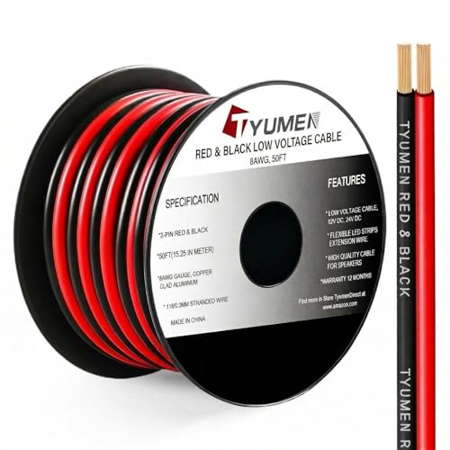 TYUMEN 8 Gauge Wire 50FT, 8AWG Red Black Electrical Wire LED Strips Extension Cord 12V/24V DC Cable, 8 AWG 2 Conductors Flexible Low Voltage Wire for in-Home, Autos, Speaker use - size: 50 Feet, style: 8/2 Gauge