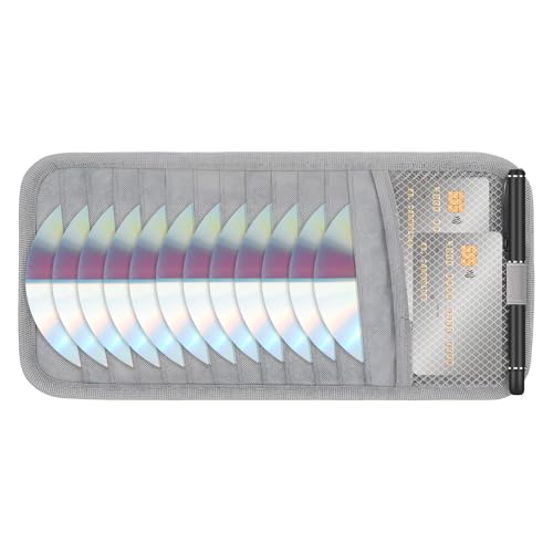 CD Visor Holder for Car, DVD Vehicle Visor Storage Organizer Gray Large Capacity CD Case with 12 Storage Sleeves, 1 Mesh Pocket, 1 Pen Loop & Elastic Strap