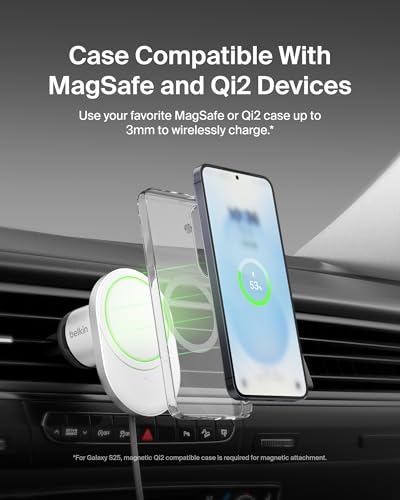 Belkin MagSafe-Compatible Wireless Car Charger 15W, Fast Charging Wireless Charger - Powerful Magnetic Vent Holder for iPhone 17, 16, 15, 14, 13 Series, Pixel 10, Secure Car Phone Mount - White - style: Charging Mount - New Model