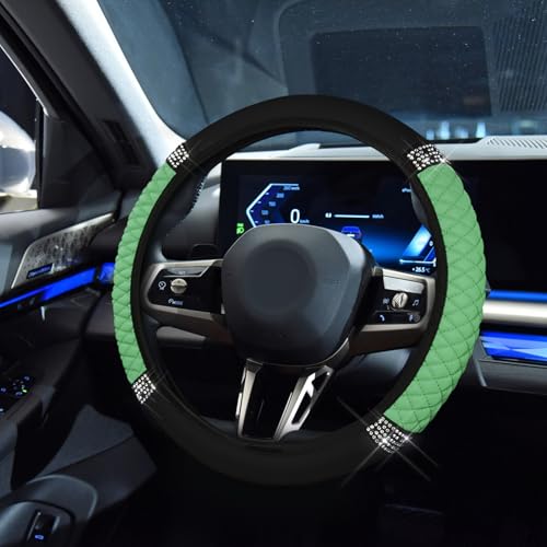 Bling Soft Leather Steering Wheel Cover, 15 Inch Colorful Rhinestones Auto Elastic Steering Wheel Protector for Women Girls, Car Accessories Anti Slip Steering Wheel Cover for Cars, SUVs (Green) - color: Green