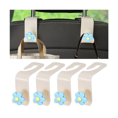 4 PCS Car Headrest Hook, Multifunctional Flower Vehicle Seat Back Storage Hook, Cute Automotive Seatback Organizer Hanger for Purse Grocery Bag Handbag, Universal Fit (Beige/Blue) - color: Beige/Blue
