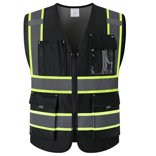 9 Pockets Black Reflective Safety Vest for Men with Double Stitching Knots around Pockets and Zipper High Visibility Mesh Construction Work Vest,Meets ANSI/ISEA Standards(EK176-Black-M) - color: 176-black, size: Medium