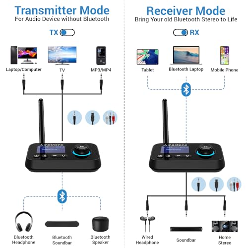 Bluetooth Transmitter Receiver 3-in-1 Bluetooth 5.3 Audio Adapter for 2 Headphones with Bypass Volume Control ON/Off Switch LCD Display 3.5mm Aux/Optical/RCA for Home Stereo TV Speaker PC - color: All Black