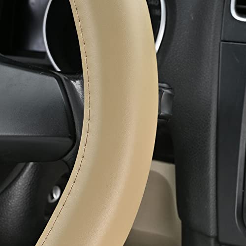 Haokay Heavy Duty Pure Cowhide Steering Wheel Cover SUV Car, Beige Genuine Leather Steering Wheel Cover Men Women Universal 14.5 to 15 Inch - color: BEIGE-1
