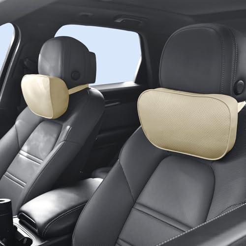Car Neck Pillow for Headrest, 2 Pack PU Leather Car Headrest Pillow for Neck Support, Super Soft Ergonomic Du-Pont Bio Cotton Travel Pillow with Adjustable Strap (Beige, Shaped Style) - color: Beige1