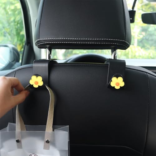4 PCS Car Headrest Hook, Multifunctional Flower Vehicle Seat Back Storage Hook, Cute Automotive Seatback Organizer Hanger for Purse Grocery Bag Handbag, Universal Fit (Black/Yellow) - color: Black/Yellow