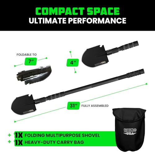Rhino USA Survival Shovel w/Pick - Heavy Duty Carbon Steel Military Style Entrenching Tool for Off Road, Camping, Gardening, Beach, Digging Dirt, Sand, Mud & Snow. (Survival Shovel) - size: Ultimate 31" Survival E-tool