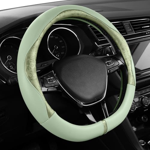 PIC AUTO Steering Wheel Cover, Green Patterned Leather Patchwork Design, Universal Fit 14.5"–15.5" D-Shape Steering Cover, Soft PU Grain Leather, Durable Grip Car Accessory for Girls & Women - color: Fits D-Shape Green
