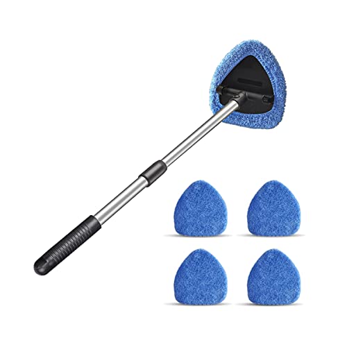 Windshield Cleaning Tool, Car Window Cleaner with 4 Washable Reusable Microfiber Pads, Extendable Long Handle Glass Wiper Cleaning Kit, Auto Accessories Universal for Office and Home (Blue) - color: Blue