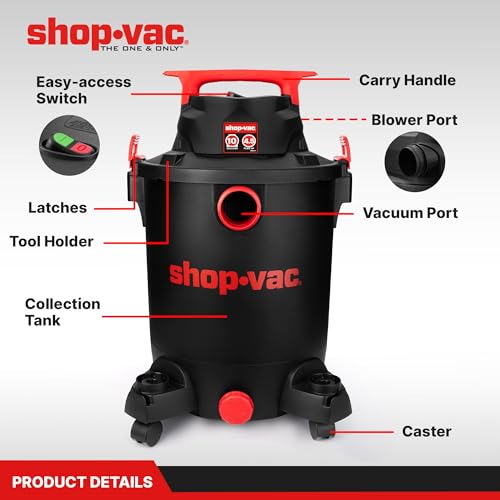 Shop-Vac 5430115 Wet/Dry Vacuum, 10 Gallon, 4.5 Peak HP, 1-7/8 Inch Diameter x 7 Foot Hose, 15 Foot Cord, Ideal for Jobsite, Garage, Workshop & Home