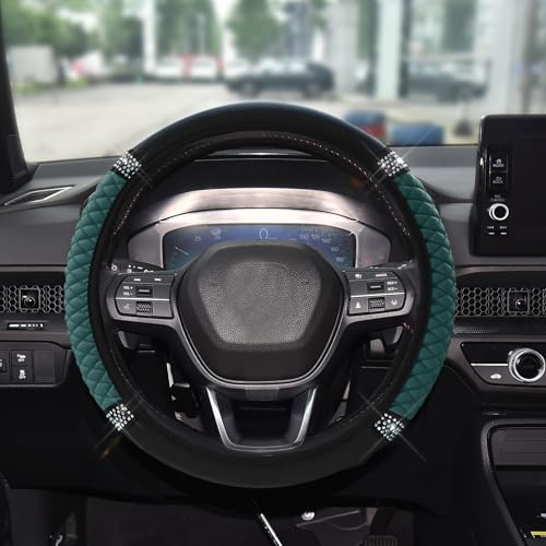 Bling Soft Leather Steering Wheel Cover, 15 Inch Colorful Rhinestones Auto Elastic Steering Wheel Protector for Women Girls, Car Accessories Anti Slip Steering Wheel Cover for Cars, SUVs (Dark Green) - color: Dark green