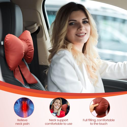 2 Pcs Red Bow Car Neck Pillows Softness Car Headrest Pillow for Driving With Adjustable Strap Leather Material Wear-Resistant and Dirt-Resistant Perfect Choice for Both Beauty and Comfort - color: Wine Red
