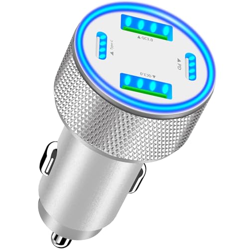 USB C Car Charger, Stuffcool 90W 4-Port Dual USB-C & USB-A Car Power Adapter PD/QC Type C Fast Charging Cigarette Lighter Car Carplay Charger for iPhone 17 17 Pro Max 16 15 14 13/Galaxy S26 S25/Pixel - color: Brushed Silver