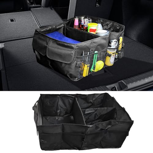 Car Trunk Organizer with Multi-Compartment, Waterproof Oxford Cloth Foldable Cargo Storage Box, Portable Auto Organization for Cars SUVs Trucks (Black)