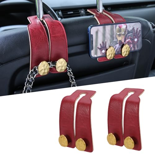 2PCS Leather Car Seat Hooks for Headrest, Vehicle Hanger Storage Organizer Universal for Handbag Purse, Car Accessories Gift (Red-Gold) - color: Red-Gold