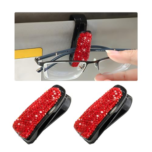 Wevdn 2 PCS Car Sun Visor Glasses Holder, Fashion Bling Car Eyeglasses Sunglasses Hanger for Women Girls, Glasses Holder Clip Hanger Mount with Ticket Card Clip, Car Accessories (Red) - color: Red