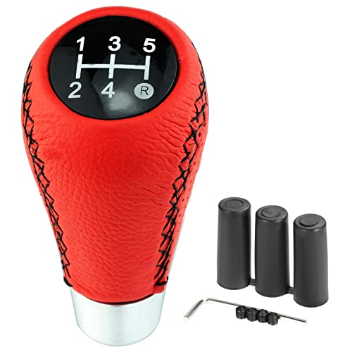 Shifter Knob 5 Speed Red Leather Gear Lever Stick Manual Shift Handle Replacement Fit Most Cars, Black Stitched - color: Red Leather with black stitching