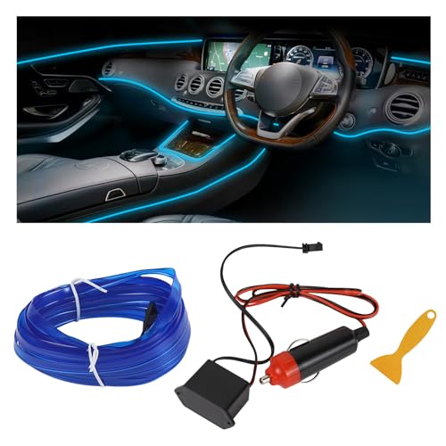 EL Wire Interior Car LED Strip Lights, 16.4FT RGB Cigarette Lighter Neon Automotive Light Strip, Electroluminescent Vehicle Ambient Lighting Kit, Interior Decoration Car Accessories (Blue) - color: Blue, size: Cigarette Lighter