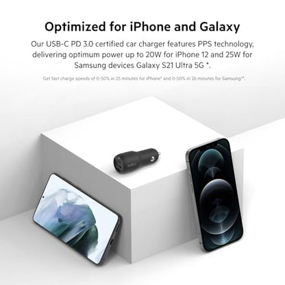 Belkin 37-Watt Dual USB Car Charger - Power Delivery 25W USB-C Port & 12W USB-A Port for PPS Charging Apple iPhone, Samsung Galaxy, AirPods, & More - style: Dual USB-A & C 37W