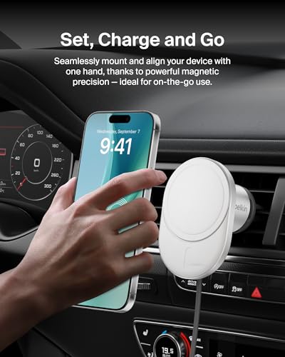 Belkin MagSafe-Compatible Wireless Car Charger 15W, Fast Charging Wireless Charger - Powerful Magnetic Vent Holder for iPhone 17, 16, 15, 14, 13 Series, Pixel 10, Secure Car Phone Mount - White - style: Charging Mount - New Model