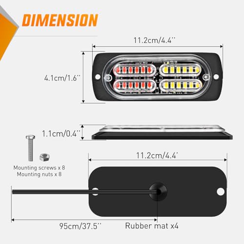 Nilight 4PCS 24LED Emergency Strobe lights 12V 24V Red White Surface Mount Grille Hazard Safety Warning Light Sync Feature Side Flashing Marker Flash for Car Truck Campers - color: Red White