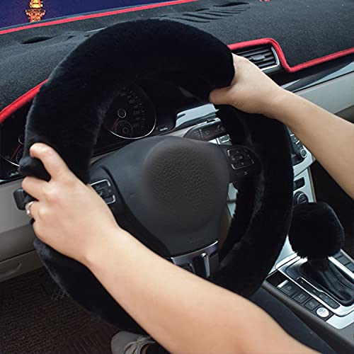 Pinbola 5pcs in 1 Set Faux Wool Steering Wheel Cover Soft Fluffy Handbrake Cover & Gear Shift Cover & 2pcs Seat Belt Shoulder Pads Warm Universal Fit for 15 Inch (Black) - color: Black