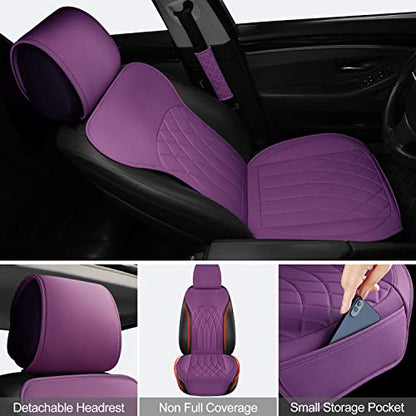 BEITK 2 Pack Leather Front Car Seat Covers, Universal Sideless Car Seat Protectors with Storage Pocket and Seat Belt Pads, Waterproof Automotive Seat Cover for Cars Trucks SUV(Purple) - color: front pair purple
