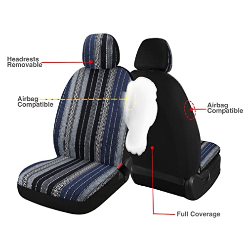 Baja Saddle Blanket Car Seat Covers 4PCS Front, Breathable and Washable Striped Woven Automotive Vehicle Universal Seat Cover for Sedan, SUV, Truck, Airbag Compatible - color: Blue Baja, size: Front