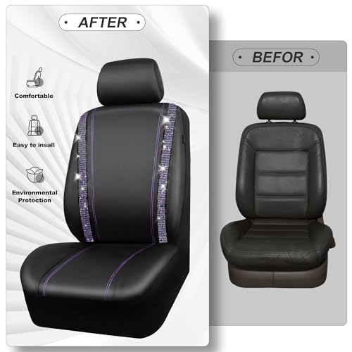 CAR PASS Bling Diamond Car Seat Covers Full Set,Shining Rhinestone Waterproof Faux Leather,Rear with Zipper,Universal Fit Automotive Glitter Crystal Sparkle Strips for Women,Violet Purple Rhinestone - color: Black Violet Diamond, size: Full Set