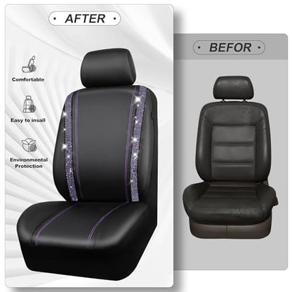CAR PASS Bling Diamond Car Seat Covers Full Set,Shining Rhinestone Waterproof Faux Leather,Rear with Zipper,Universal Fit Automotive Glitter Crystal Sparkle Strips for Women,Violet Purple Rhinestone - color: Black Violet Diamond, size: Full Set