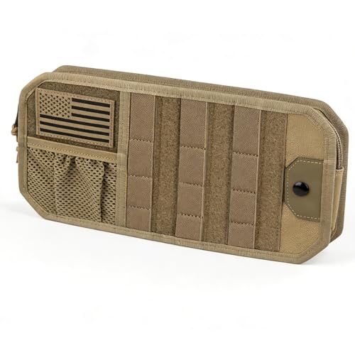 Molle Car Sun Visor Organizer,Car Accessories with Zipper Visor Storage Pouch&Glasses Clip&Adjustable Straps, Semi-Rigid Molle Panel for Tactical Gears, Fits Most Vehicles, SUVs (Khaki) - color: Khaki