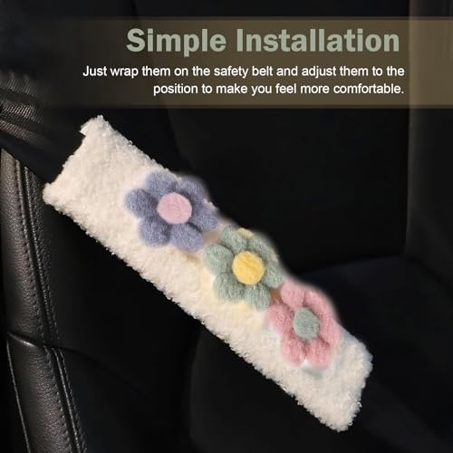 2 PCS Car Seat Belt Cover, Cute Flower Seat Strap Pads, 9.4" x 2.5" Soft Plush Safety Seatbelt Cushion, Universal Flower Car Accessories for Adults and Kids (Purple)